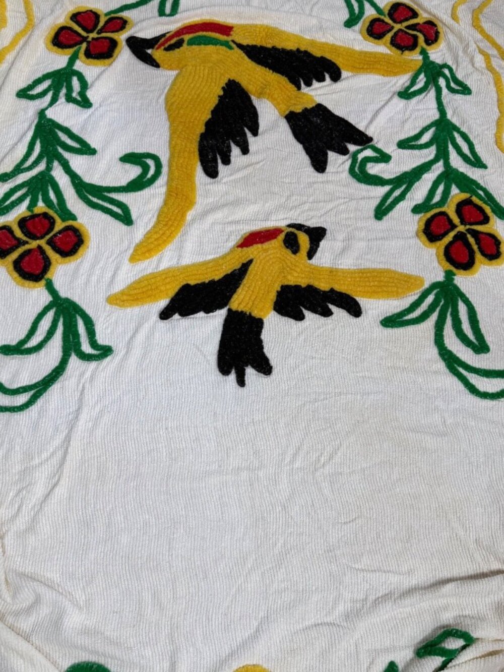 Vintage Chenille Bedspread Yellow Birds Floral Fringed Edges 89" x 114" Cottagec